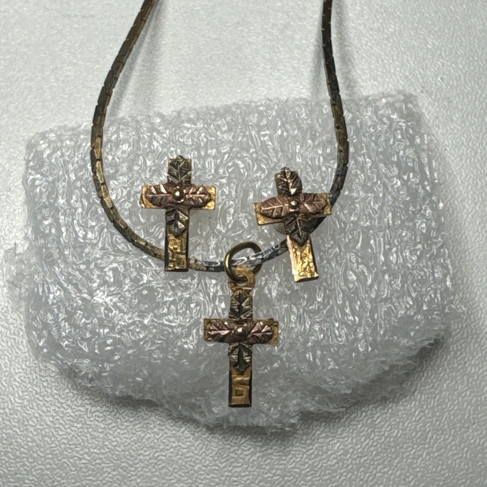 10K Solid Gold Black Hills Cross Pendant & Earrings Set 0.91g 18" Necklace